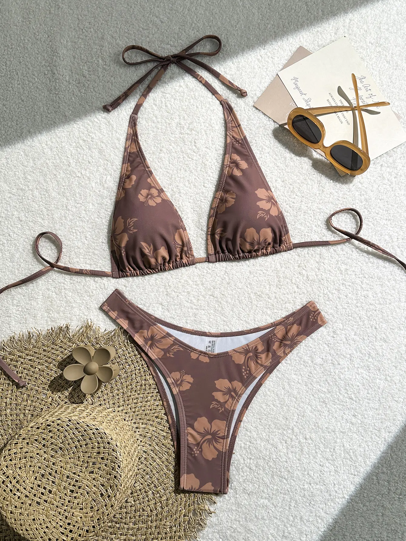 Women’s Brown Floral Bikini Set Two Piece Swimsuit, Triangle Halter Tie Top with Adjustable Side Tie Bottom, High Cut Cheeky Bathing Suit, Sexy Tropical Beachwear for Summer Vacation Pool Party Resort Wear