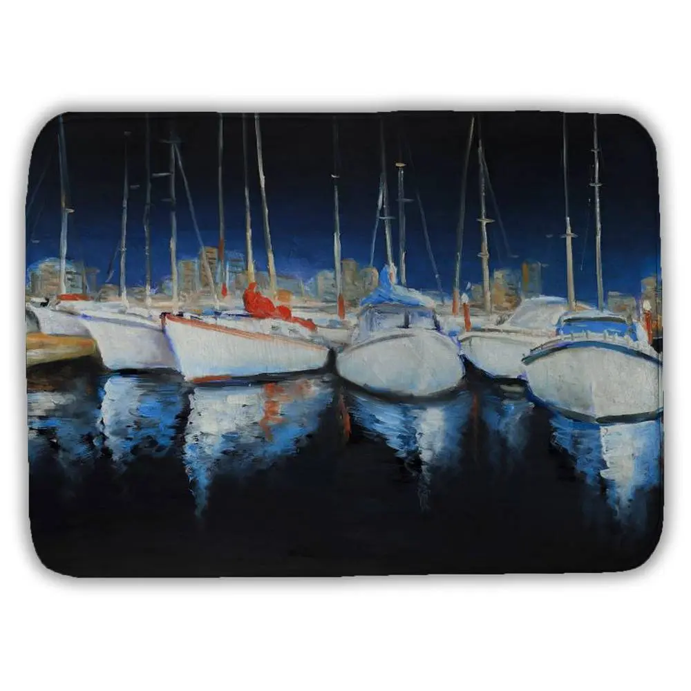 17x24 in. Plush Non-Slip Microfiber Foam Water Absorbent Blue Coastal Boat Bath Mat - 360-Rotating Stand, Bath Rug, Evening At the Marina Decor, Sunset Theme, Rectangle Boat Motifs, One-Piece