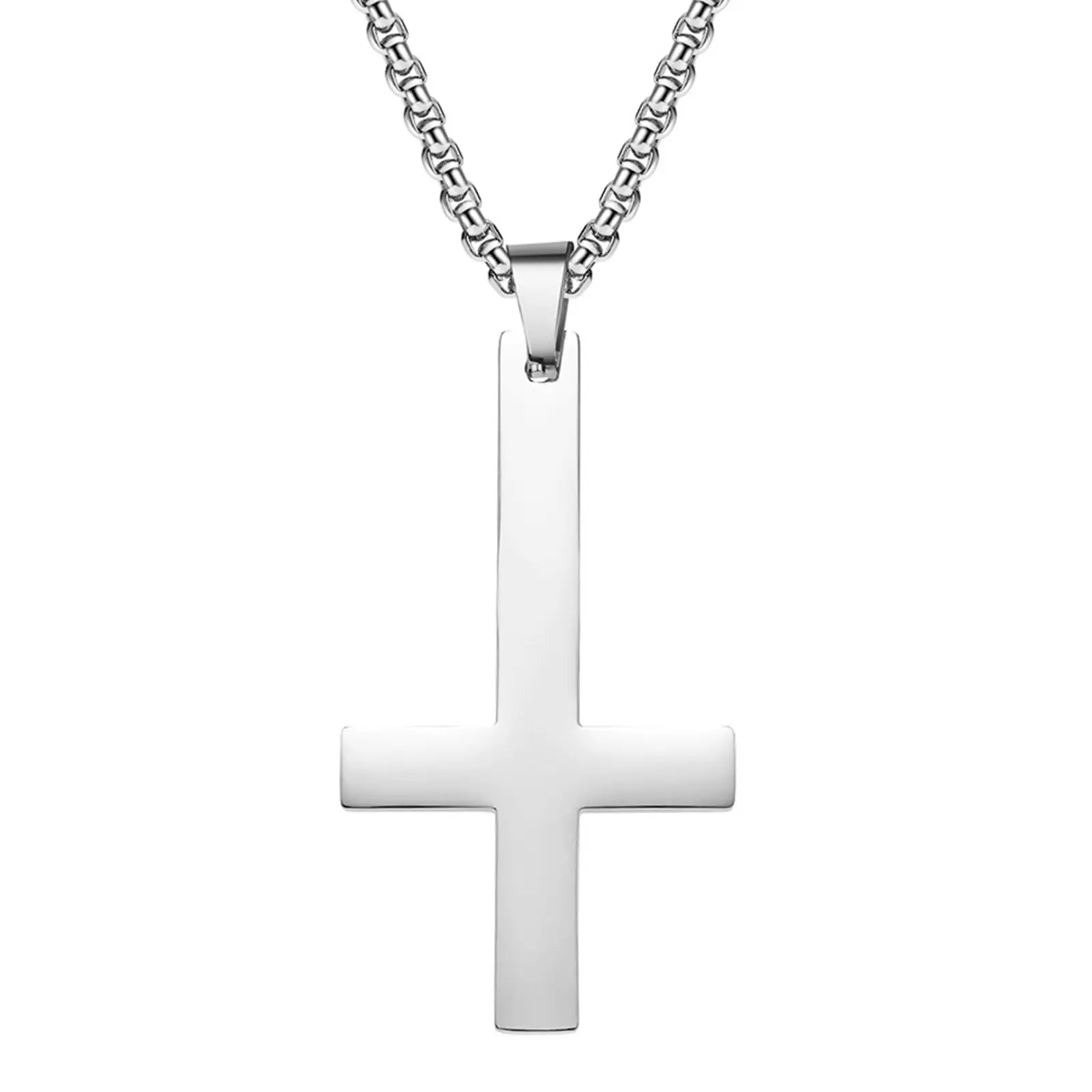 OIDEA Men's Stainless Steel Inverted Cross Pendant Necklace, 23.6in Chrome-Tone Chain, Punk Gothic Religious Jewelry, Statement Cross Emblem Chain Jewelry Necklaces, Statement Cross Necklaces