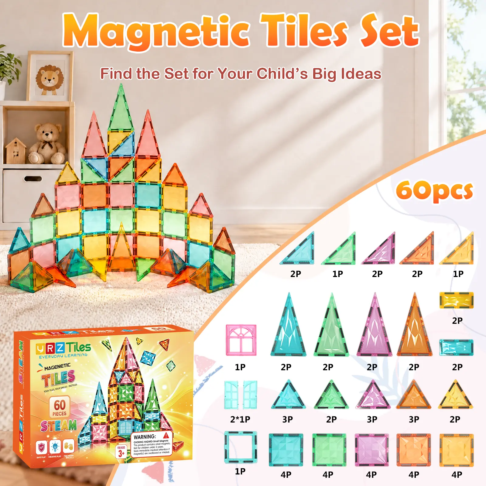 YRZTILES Kids' Magnetic Building Cubes Set,60PCS STEM Early Education Tiles, Creative Construction Blocks, Preschool Cognitive Learning Interactive Playset for 3-6 Year Olds