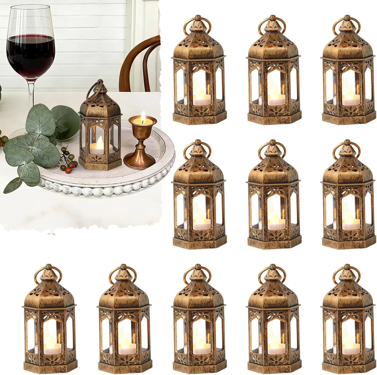 Mini Moroccan Lanterns with LED Tealight Set of 12, Vintage Brown Decorative Hanging Lanterns for Ramadan Christmas Halloween Wedding Fairy Party Decorations Table Centerpiece