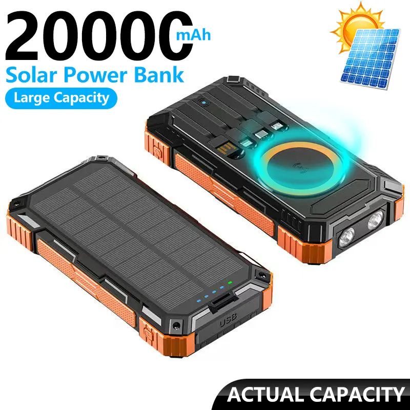 20000mAh Large Capacity Magnetic Solar Portable Power Bank, Wireless Fast Charging External Battery Pack with Built-in 4 Charging Cables, Dual USB Output Ports and LED Flashlight, Waterproof Backup Charger for Outdoor Travel Camping Emergency Use Compact