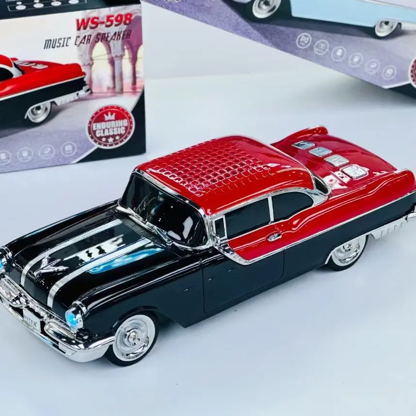 WS-598 Vintage 1958 Chevy-Inspired Portable Car Speaker with LED Ambient Lights Rechargeable Audio System Retro Design Wireless Music Playback FM Radio Universal Compatibility