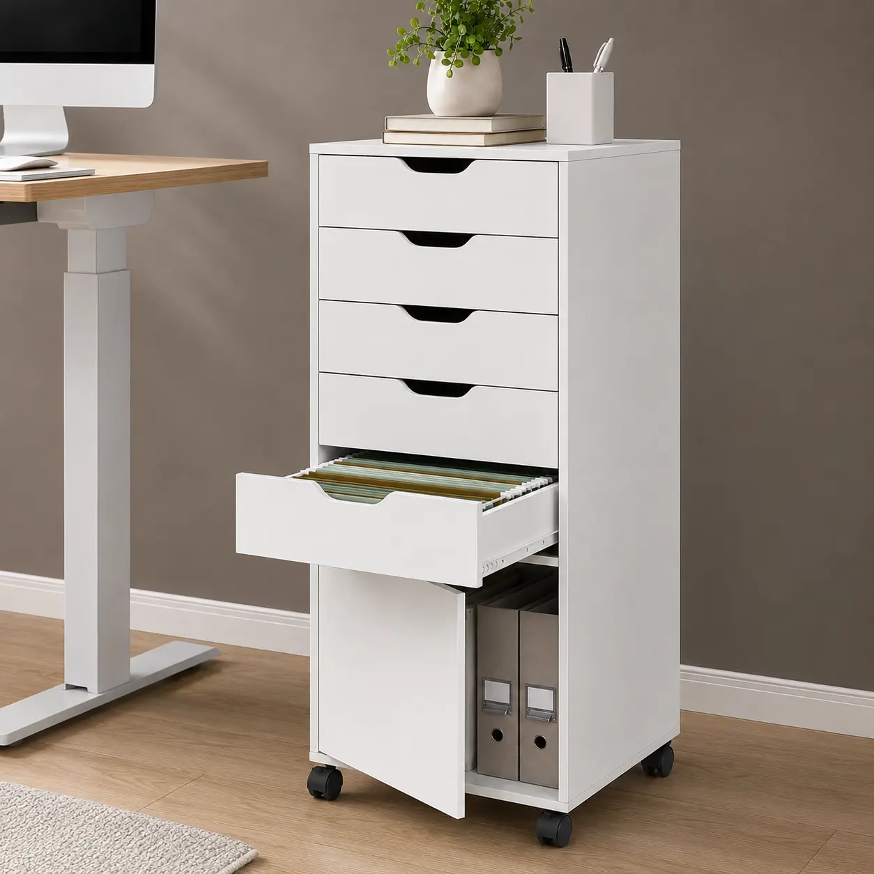 VOWNER 5-Drawer Organizer with Door, Tall Chest of Drawers with Caster Wheels, Alex Drawers File Vanity Storage for Home, Office, Bedroom
