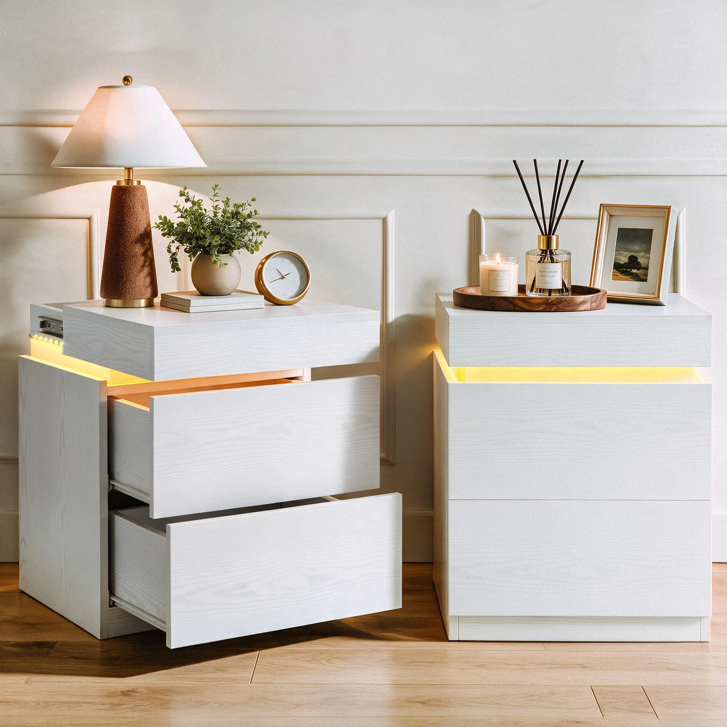 LIKIMIO Compact Modern Wooden Bedside Table - Minimalist Wood Finish Indoor Bedroom Furniture with 3 Slide-Open Soft-Close Drawers, Built-in Charging Port, Top Power Strip, LED Light with Remote Dim Control, Sliding Top (Tables & Desks)