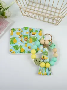 Macaron Color Keychain Card Holder, Trendy Cute Keychain, Cute Fruit Print Design, Silicone Beads, Perfect Gift for Friends, Holiday Present Idea