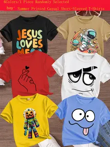 Boys Summer Casual Cool Creative Expression Print Short Sleeve T-Shirt, Random Style, Comfortable Versatile Gift Clothing