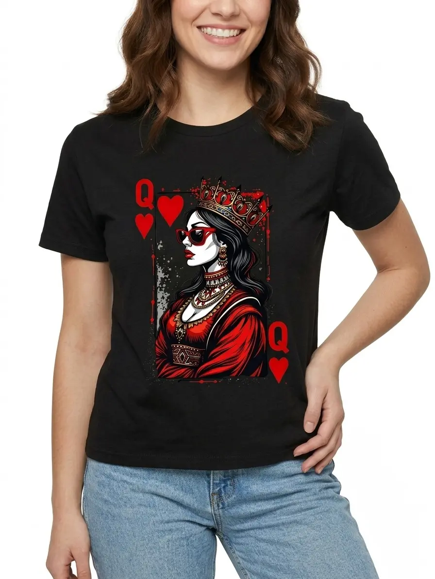 Queen of Hearts Graphic Tee Comfy Cotton Black S-3XL Girls Pop-art Style Casual-outfit Edgy-vibe Statement-wear Bold-fashion Gift