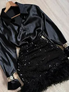 Women's Fitted Shirt Button and Solid Sequins Patchwork Faux Fur Skirt Set Outfit, Stylish Elegant Casual Wear, Perfect for Daily, Trendy Fashion, Womenswear