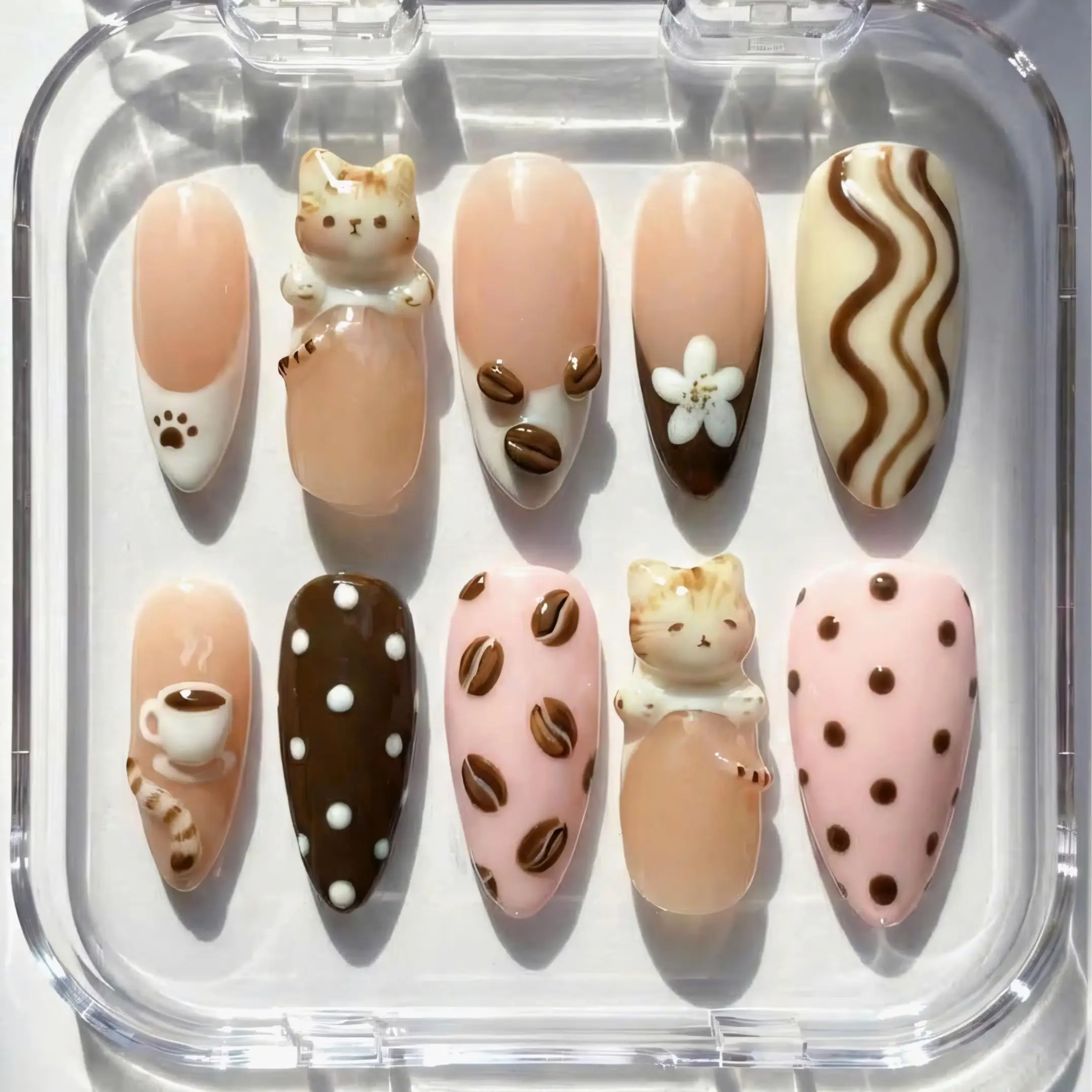 3D Kawaii Cat Coffee Bean Press On Nails – Polka Dot Paw Print Design | Vacation Nails | Nail 2026 | Cat | Cute