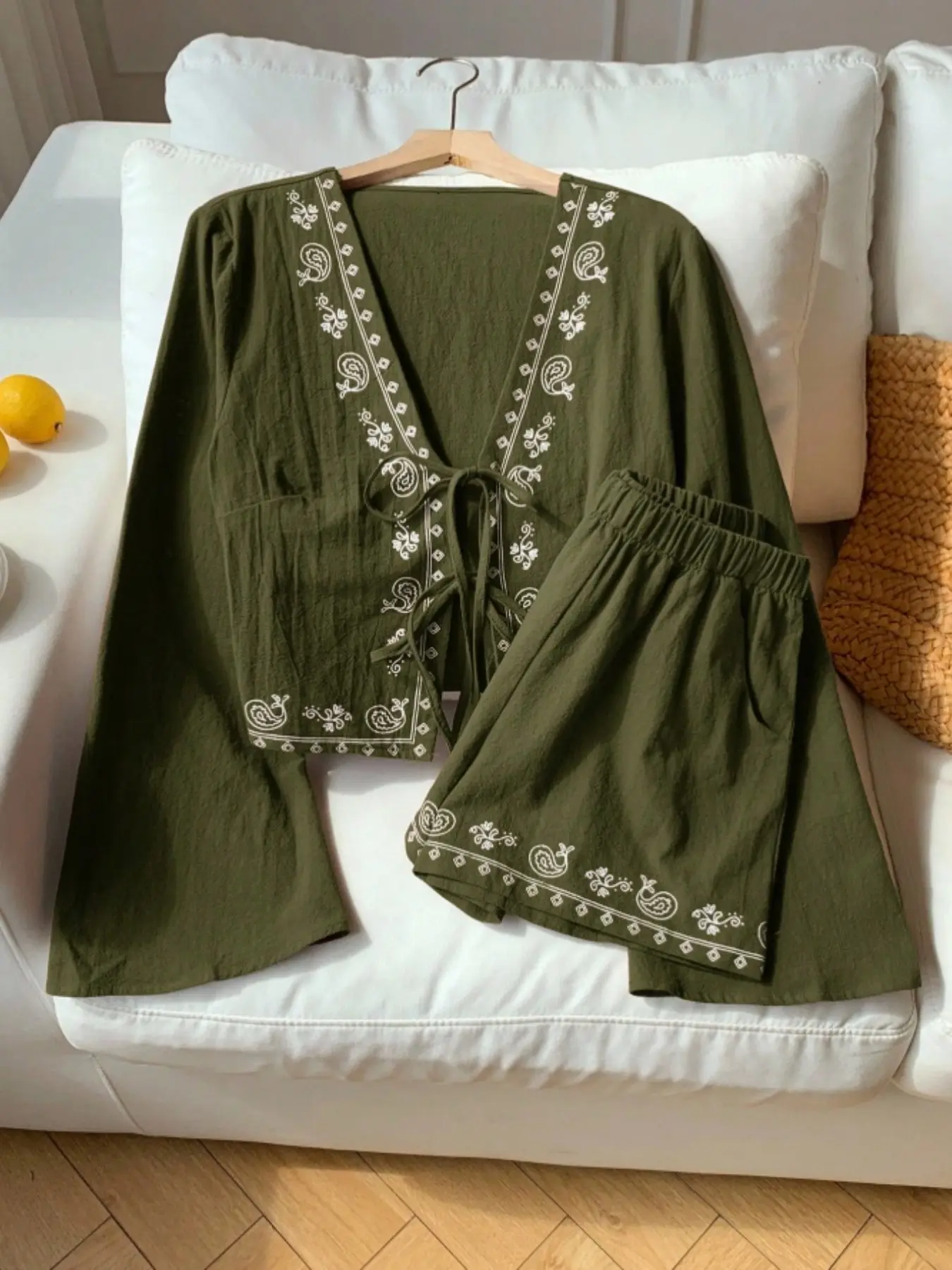 Fashion Ocean Style V-Neck Long Sleeve Short Pants Women Set, Stylish Casual Summer, Comfortable, Trendy, Loose, Oversized, Oversize and Fit Ladies Clothing