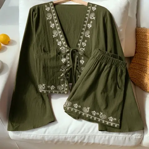 Fashion Ocean Style V-Neck Long Sleeve Short Pants Women Set, Top Pants Set, Stylish Casual Summer, Comfortable, Trendy, Loose, Oversized, Oversize and Fit Ladies Clothing