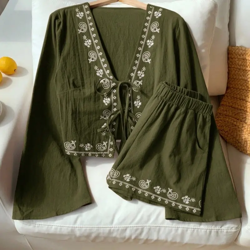 Fashion Ocean Style V-Neck Long Sleeve Short Pants Women Set, Top Pants Set, Stylish Casual Summer, Comfortable, Trendy, Loose, Oversized, Oversize and Fit Ladies Clothing