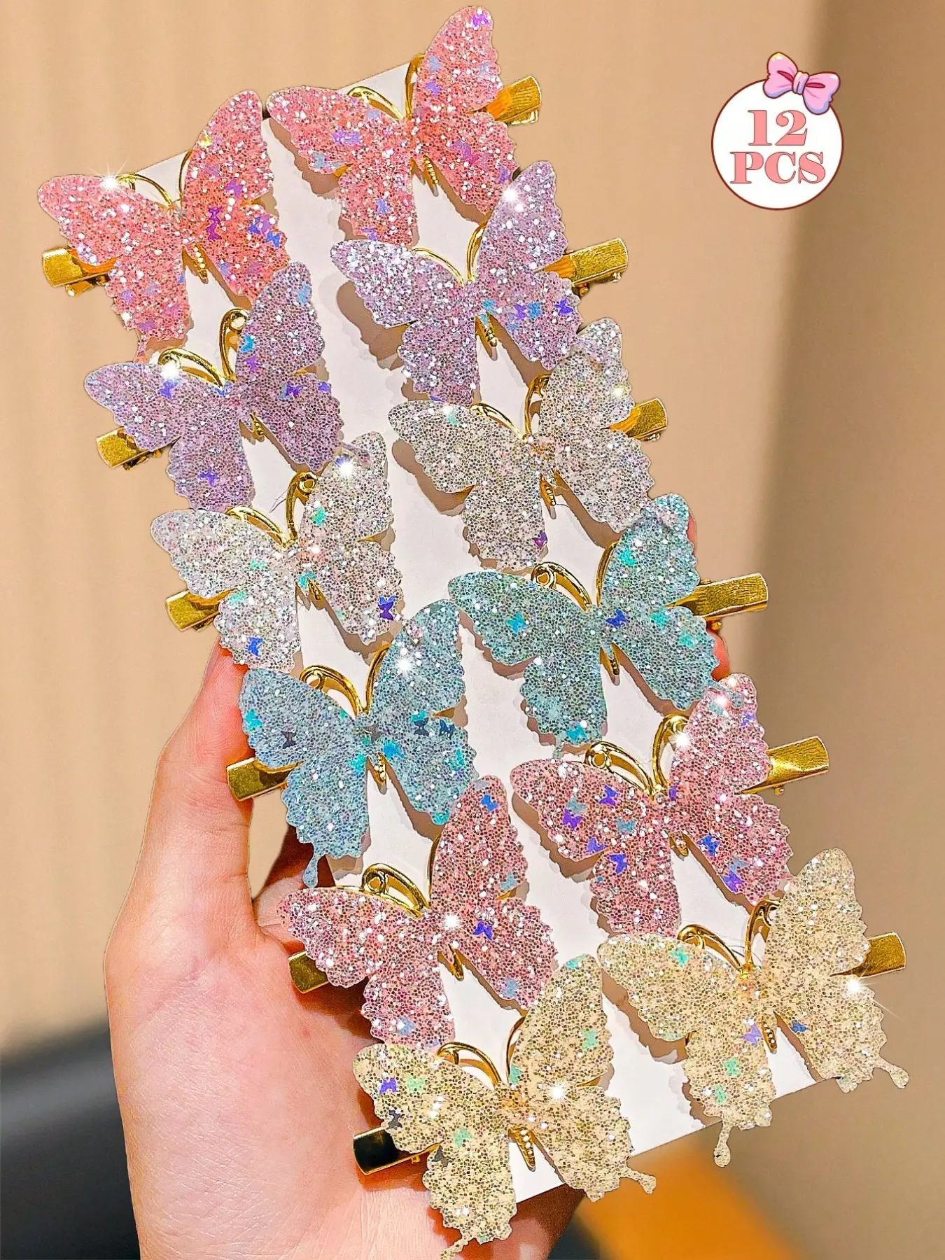 12pcs Colorful Shiny Butterfly Hair Clips, Butterfly Hair Accessories, Hair Clip Set, Add Charm To Your Hair, Suitable For School, Outdoor Activities, Enhance Sweet And Elegant Styling, Perfect Gift For Cute Girls, Can Make You More Beautiful