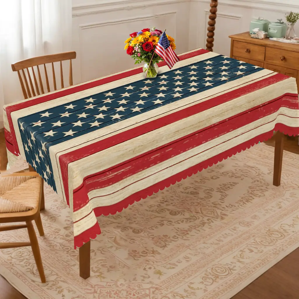 【Back to School】PLUMLIK Vintage American Flag Tablecloth, America's 250th Anniversary Festive July 4th Decor, Patriotic Independence Day Decor, Red Blue with Star Patterns Round Rectangular Table Cloth, American Flag Day Indoor Outdoor Decoration