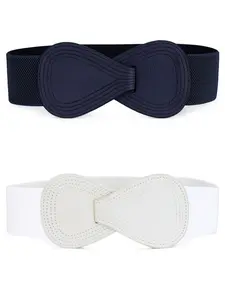 INSPIRE CHIC 2Pcs Women's Plus Size Stretchy Waist Belt shaped Faux Leather Elastic Dress Belts White & Navy Blue 56-82cm/22.05-32.28"