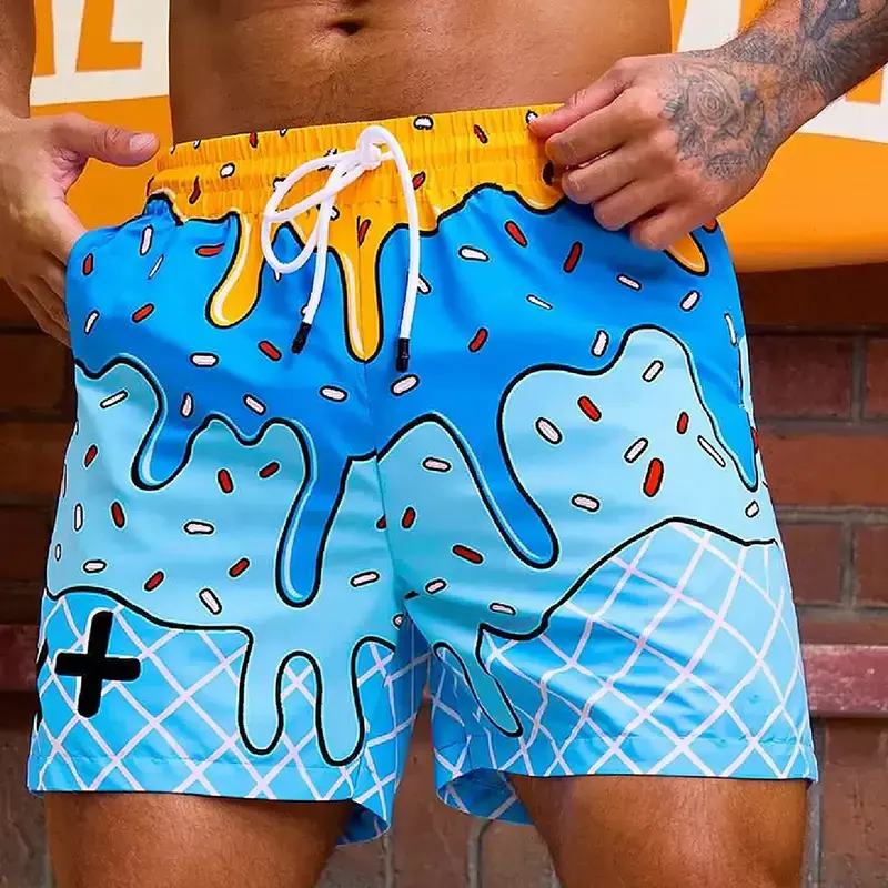 Funny Men's Ice Cream Dripping Print Quick Dry Beach Shorts Lightweight Breathable Fabric Drawstring Design Perfect for Beach Outings Pool Parties Comfortable with a Casual Beach Vibe