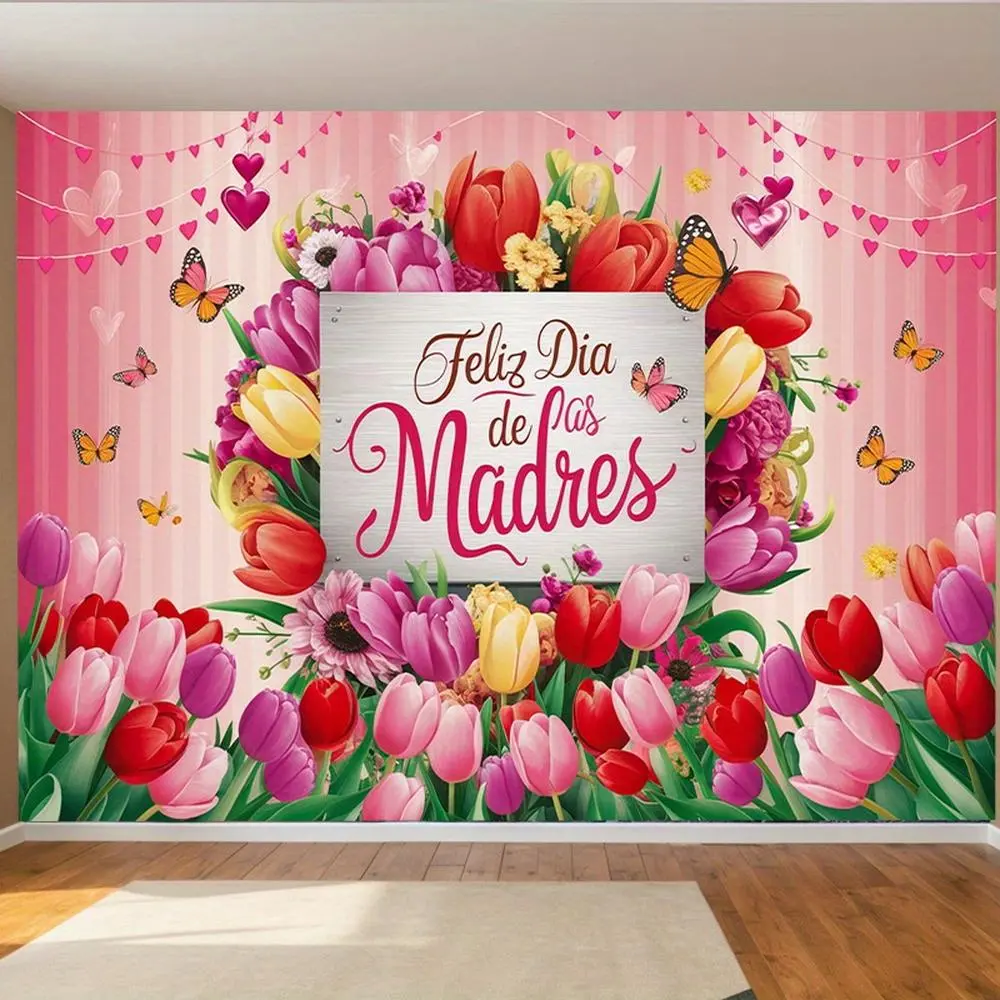 1PC Polyester Reusable 2D Flat Backdrop with Colorful Print - Happy Birthday, 2026 Party Energy Themed Decor with Tulip, Butterfly, Heart Banners for Indoor/Outdoor Home Decor