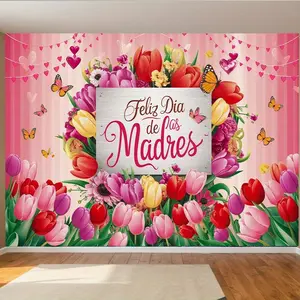 1PC,2D Flat Mother's Day Themed Decorative Backdrop, Colorful Tulip Butterfly Heart Party Background Wall, Birthday Party Gathering Photo Background Curtain, Bedroom Living Room Festival Decoration Ha