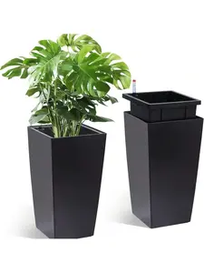 Black 16 InchesPlanters Set Of 2, Outdoor&Indoor Black Plante Pots, High Front Porch Planter Pots With Drainage Holes&Water Level Monitor&Inner Bucket, Automatic Watering