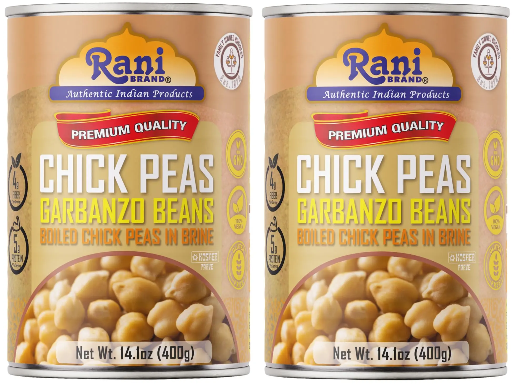 Rani Chick Peas, Garbanzo Beans (Boiled Chick Peas in Brine) Kabuli Chana 14oz (400g) Pack of 2 ~ Easy Open Can | All Natural | Vegan | Gluten Friendly | NON-GMO | Kosher | Indian Origin