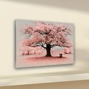 1 Piece Wooden Frame Canvas Painting, Pink Landscape Tree and Leaf Painting, Living Room Wall Art Print with Frame, Home Decoration, Holiday Gift