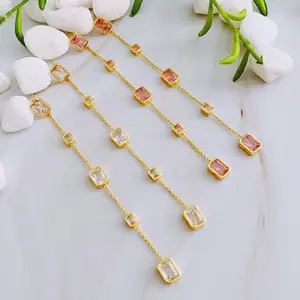 Five Stones Dangle Drop Earrings 18k Gold Plated Brass Cubic Zirconia 4 Inch Chain Sparkly Jewel Stones Prong Set Delicate Bezel Design