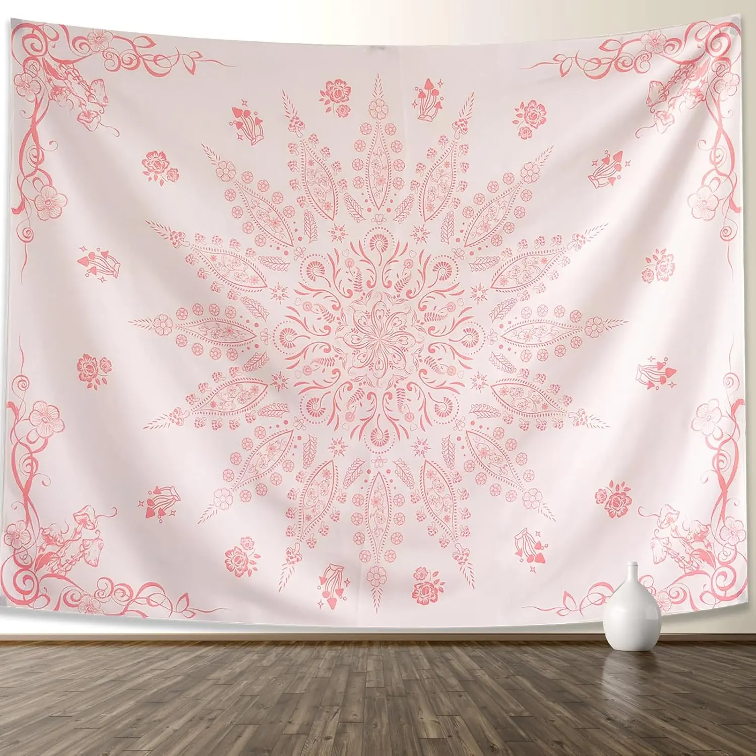 Floral Bohemian Tapestry Black and White Flower Aesthetic Tapestry Mandala Room Decor Wall Hanging Boho Tapestries for Bedroom Dorm(Pink, 44" x 60")