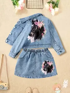 Denim Set Classic Jacket & Skirt (2 Piece), Heart Embroidered Horse Pattern, Soft Non-Elastic Fabric, Casual Spring Fall, Clothes