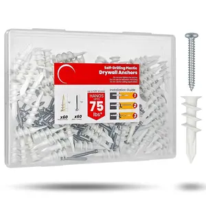 #8 Self Drilling Drywall Anchors,120Pcs Wall Anchors and Screws for Drywall, 60 Self-Tapping/Threaded Plastic Sheetrock Anchors + 60#8 x 1-1/4'' Screws, 75LB Hanging and Mounting