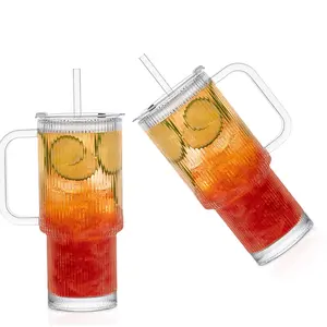 Large 26oz Clear Glass Mug with Handle and Sliding Lid Aesthetic Ribbed Tumbler for Iced Coffee Tea Smoothies Hot Drinks Reusable Travel Cup with Straw Dishwasher Safe 2-in-1 Lid Left & Right Hand Friendly