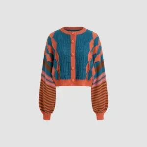 Cider [size 2-26] Knit Round Neckline Striped Geometric Cardigan