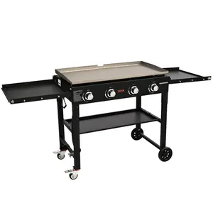 Commercial Griddle on Cart, 36" Heavy Duty Manual Flat Top Griddle, Outdoor Cooking Station with Side Shelves, Steel Propane Gas Griddle, 4-Burners Restaurant Portable Tested toStandards Large