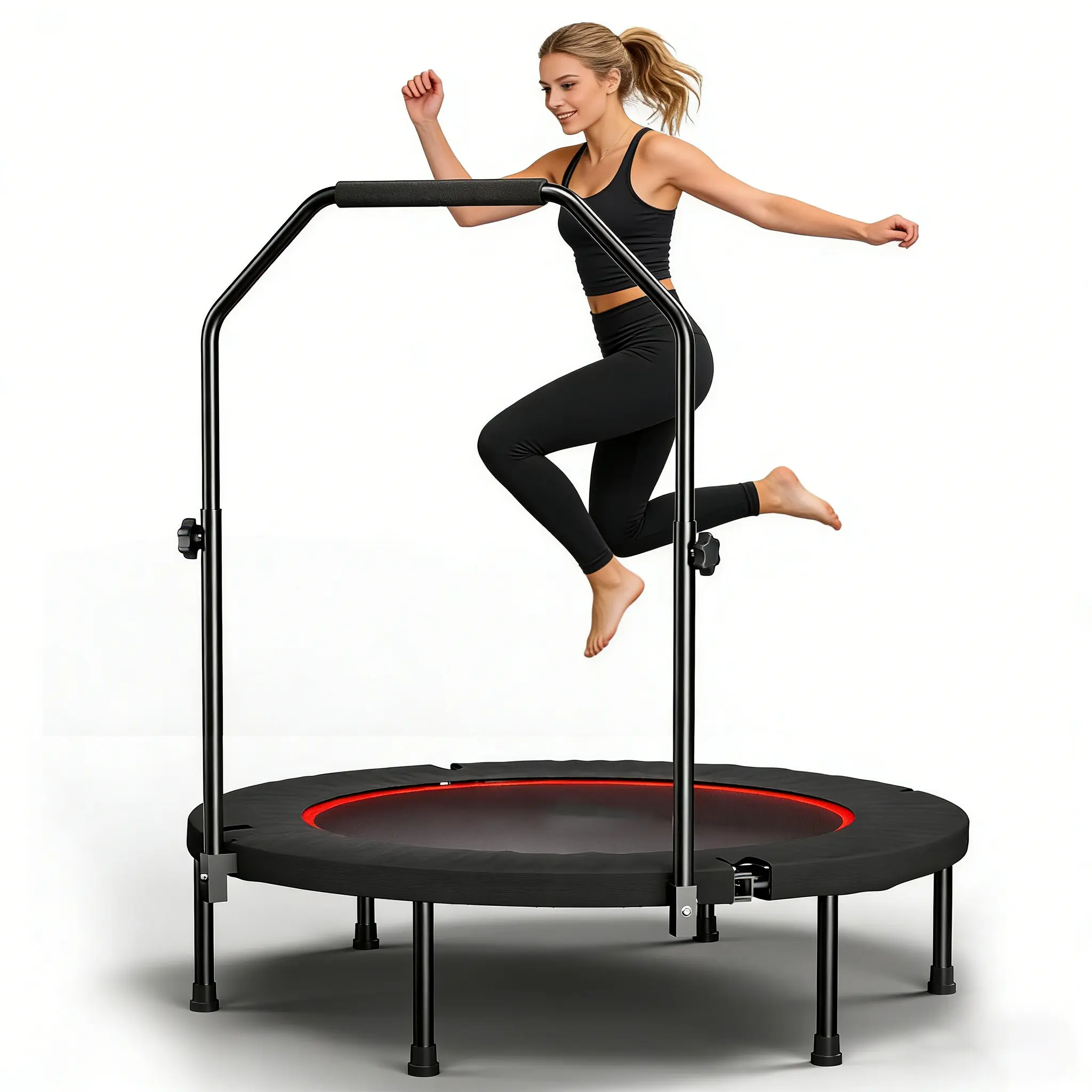 40-in Heavy-Duty Metal Round Fitness Trampoline - 6-Leg Support, Silent Elastic Design, 36 Enclosed Springs, Ergonomic Height, Foldable Home Workout Equipment, ASTM Safety Test Certified, Fitness Trampolines