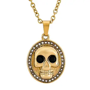 White and Black Cubic ZirconiaSkull Pendant Necklace 20-22 Inches in ION Plated Yellow Gold Stainless Steel
