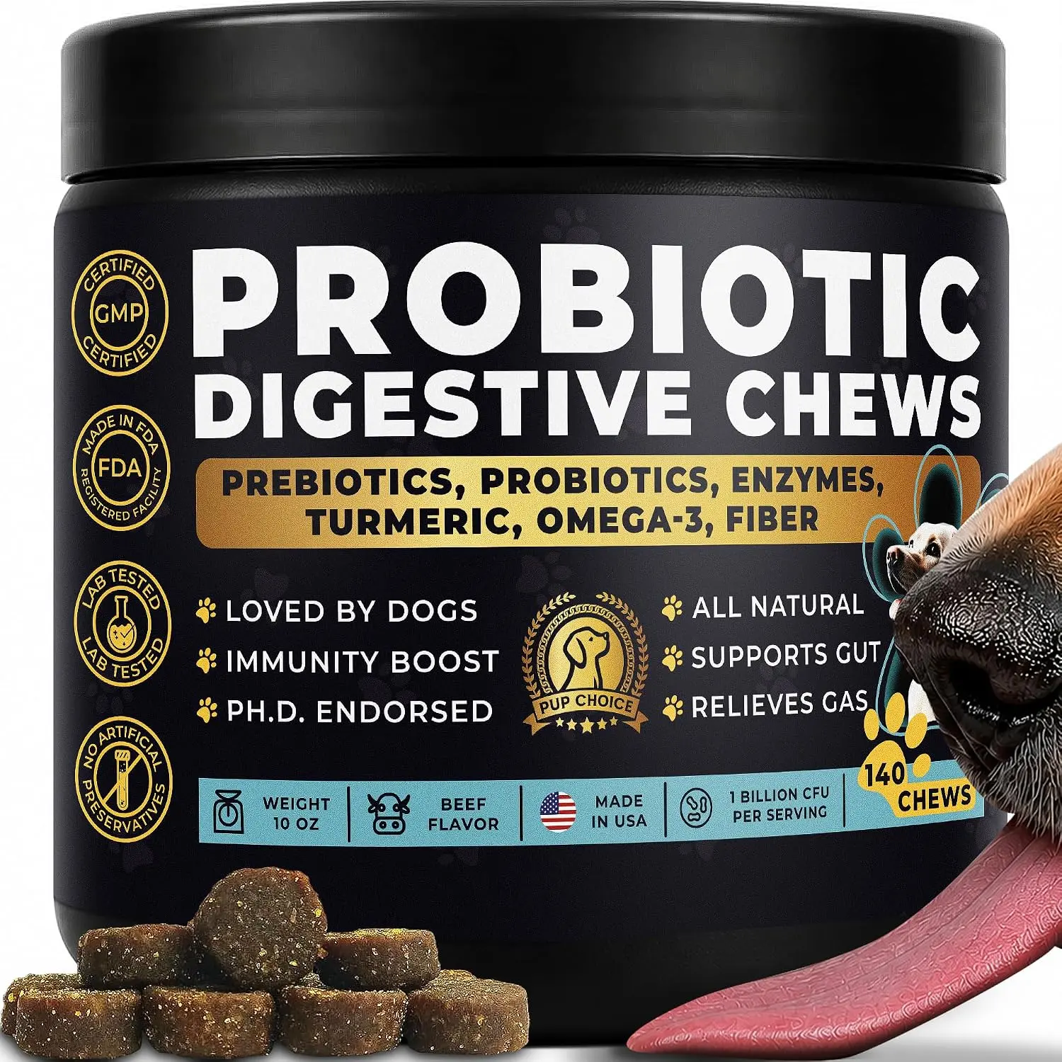 Pup Choice Probiotics for Dogs - PhD Endorsed Digestive Enzymes - Gut Health, Diarrhea & Bowel Support - Dog Treats with Turmeric, Omega-3 & Fiber - Immune Soft 140 Chews - Beef Flavor - Made in USA