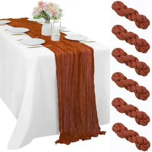 EMBER  6/12 Pcs Maroon Cheesecloth Table Runner 10FT long, 35 x 120 Inches Gauze Boho Fabric Rustic Sheer Runner for Wedding Birthday Baby Shower Party Decor