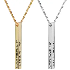 Stainless steel three-dimensional pillar necklace with engraved strip pendant