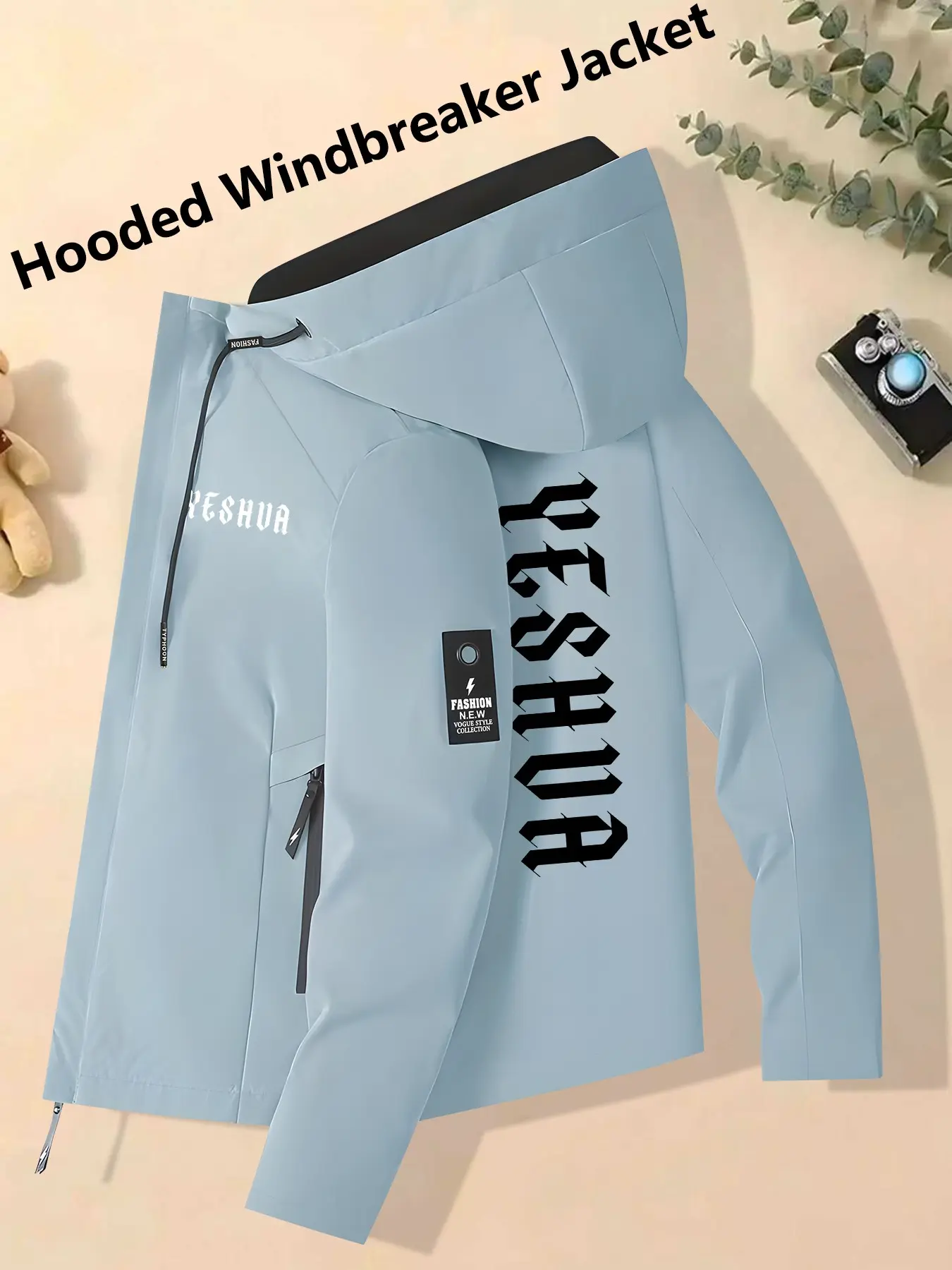 Women's Hooded Windbreaker Jacket Chic Light Blue YESHUA Gothic Letter Print Windproof Waterproof Cozy Breathable Relaxed Loose Fit Soft Skin-Friendly Versatile Outerwear for Faith-Filled Women Perfect for Commuting Hiking & Casual Outdoor Adventures