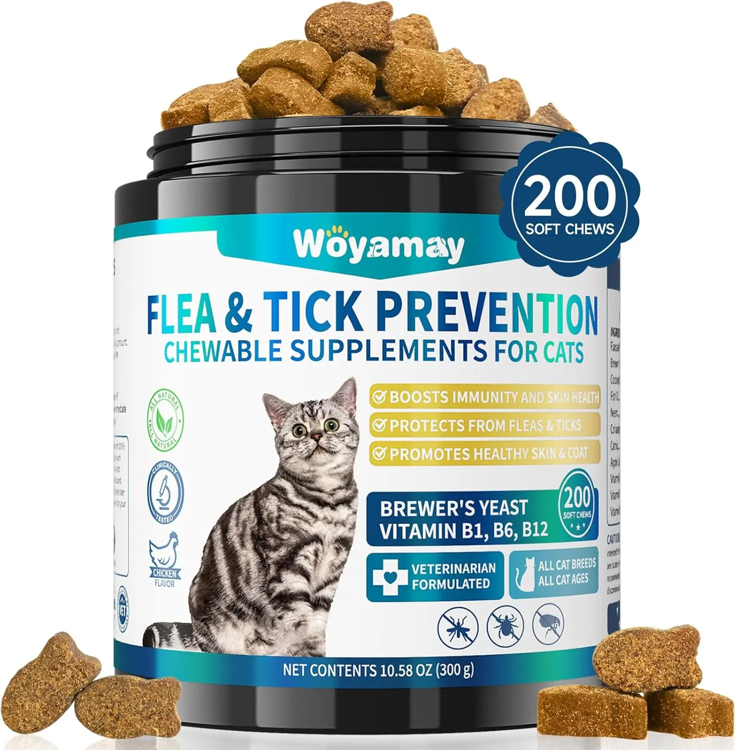 Woyamay Coat Health Flea Tick Prevention Chews for Cats, Omega-3 Plant-Based with Fish Oil Coconut Oil, 200 Soft Chews All Ages & Breeds Made in USA Treats Natural Snack - Supplements Summerwins DealsForYouDays