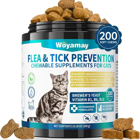 Woyamay Cat Flea & Tick Prevention Soft Chews - Plant-Based Supplements with Fish Oil, Coconut Oil, 200 Chews for All Ages & Breeds, Made in USA Natural Pet Treats