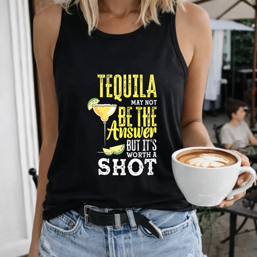 Tequila May Not Be The Answer But It's Worth A Shot Women's T-Shirt Crew-neck Sleeveless Vest Outdoor Casual Short Sleeve