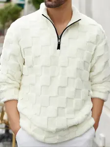 Men's Autumn Winter Plush Quarter-Zip Sweatshirt -Fall Outfits Checkered Pattern Stand Collar Pullover, Soft Fleece Fabric for Casual & Outdoor Wear, Warm Comfortable Top with Multiple Colors Available
