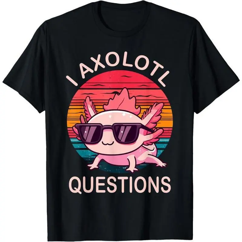 Men's Graphic T-Shirt, 100% Cotton Short-Sleeve Vintage Streetwear Top with Cute "I Axolotl Questions" Funny Print