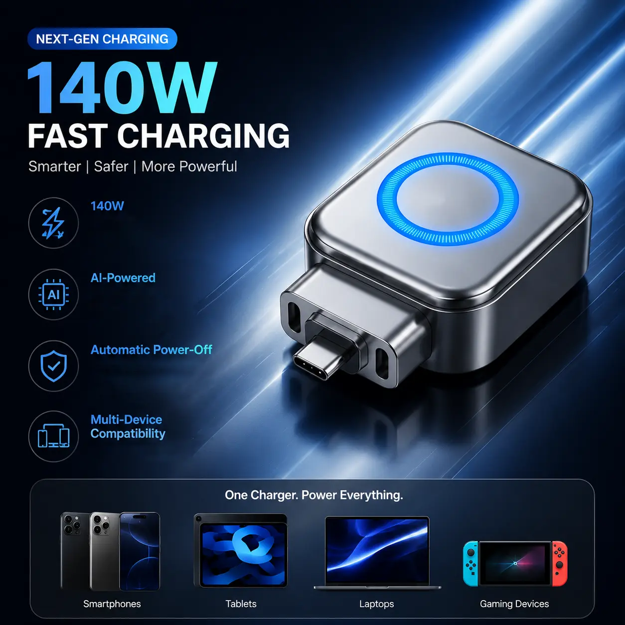 140W Type C Smart Auto Stop Charger, TypeC Physical Disconnect Battery Guard, Auto Self-Eject Charger, Overcharge Protection Adapter Accessory for Phone, Laptop, Tablet and Smartphone