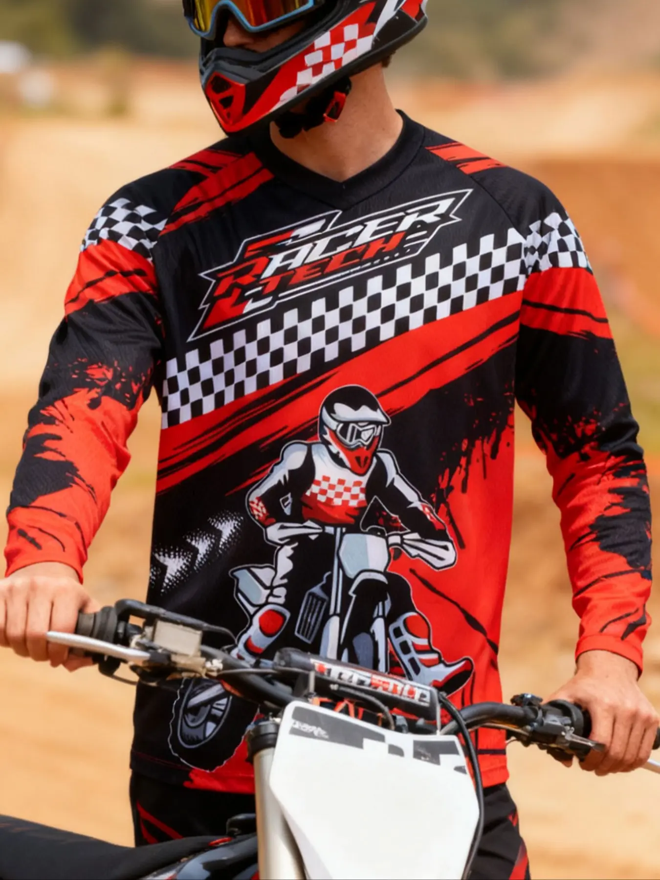 Motorcycle Off-Road Long Sleeve Shirt, Athletic Sports Clothing, Athletic Apparel, Athletic Clothes, Athletic Tops, Modern Sportswear, Outdoor Sportswear, Sporty Fitted Design, Random Print Pattern, All Season Wear, Moderate Fabric Thickness