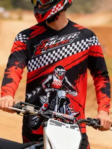 Motorcycle Off-Road Long Sleeve Shirt, Athletic Sports Clothing, Sporty Fitted Design, Random Print Pattern, All Season Wear, Moderate Fabric Thickness