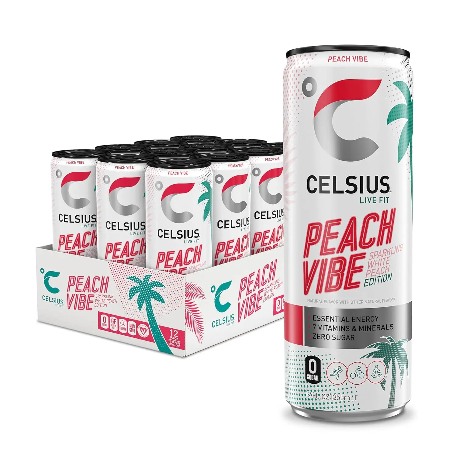 PEACH VIBE Sparkling White Peach, Sugar Free Energy Drink, 12 Fl Oz (Pack of 12) Beverage