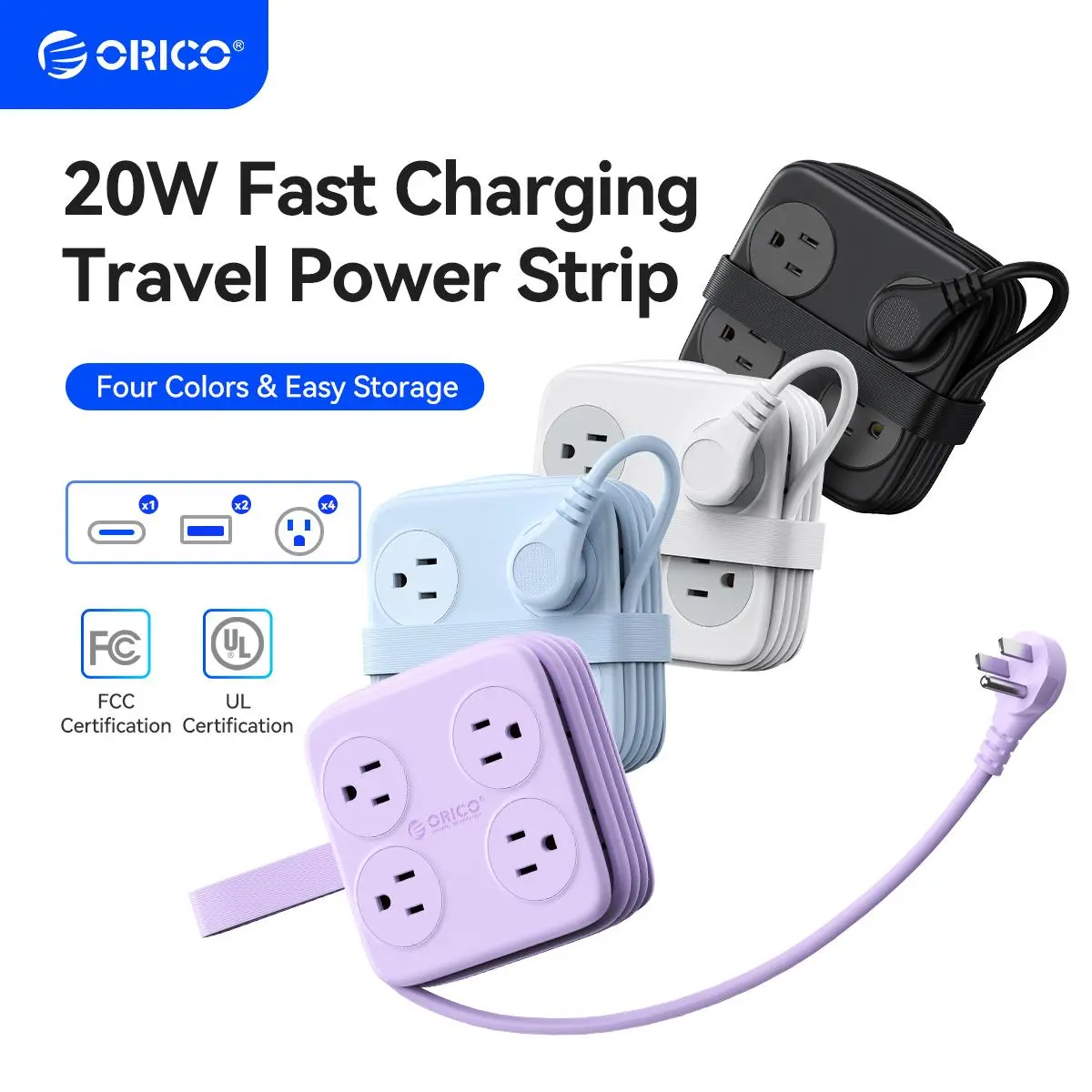 5 Ft Coiled Extension Cord with 8 Outlet & 3 USB Ports, ORICO Power Strip with Flat Plug, 11 in 1 Charging Station for Home/Office/Dorm -AP3 PRO