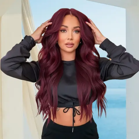 Women's 26-Inch Wine Red Middle Part Wavy Glueless Synthetic Full Machine Wig - Heat-Safe Fiber, Realistic Texture, Natural Look, Accessories for Adult Females, Wigs for Women for Everyday Use